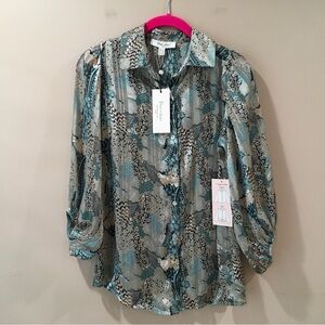 Haver & Blair Top Blouse 2 Ways Wear Sheer Printed Button Floral Green Simmer Xs